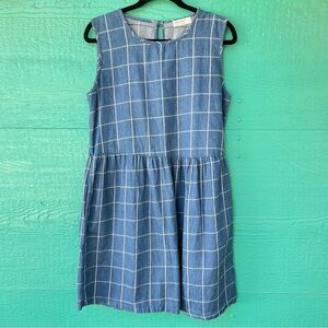 Blue Windowpane Plaid Organic Cotton Denim Chambray Sleeveless Pockets SZ MEDIUM